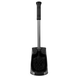 12 Bulk Home Basics Brushed Stainless Toilet Brush Holder With Comfort Grip Handle With Easy To Store Compact NoN-Skid Caddy, Black
