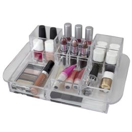 12 Bulk Home Basics Deluxe Large Capacity 16 Compartment Transparent Plastic Cosmetic Makeup And Jewelry Storage Organizer With Easy Grip Handles, Clear
