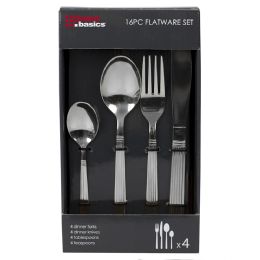 12 Bulk Home Basics Stripes 16 Piece Stainless Steel Flatware Set, Silver