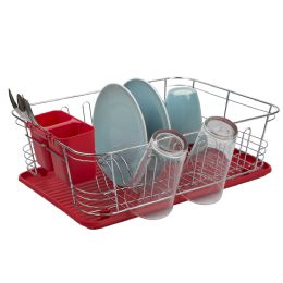 6 Bulk Home Basics 3 Piece  Chrome Plated Steel And Plastic Dish Rack, Red