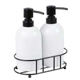 6 Bulk Home Basics 2 Piece Ceramic Soap Dispenser Set With Metal Caddy, White