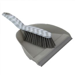 12 Bulk Home Basics Chevron Plastic Dust Pan Set With Serrated Cleaning Edge, Grey