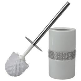 6 Bulk Home Basics Sequin Accented  Ceramic  Luxury  Hideaway Toilet Brush Holder With Steel Handle, White