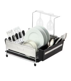 4 Bulk Michael Graves Design Deluxe Extra Large Capacity Stainless Steel Dish Rack With Wine Glass Holder, Black