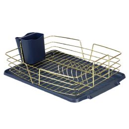 6 Bulk Michael Graves Design Deluxe Dish Rack With Gold Finish Wire And Removable Dual Compartment Utensil Holder, Navy Blue/gold
