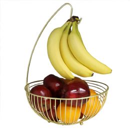 12 Bulk Home Basics Halo Steel Fruit Basket With Banana Hanger, Gold