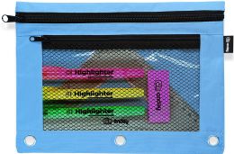 24 Bulk Double Zipper 3-Ring Pencil Pouch With Mesh Window, Green