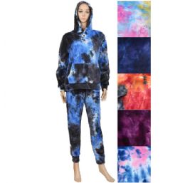 12 Bulk Women Long Sleeve Hooded With Pockets Tie Dye Leopard Plaid Lounge Sets