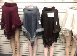 12 Bulk Women's Cape Poncho Autumn Winter Faux Fox Fur Collar Tassel Pullover Knit Shawl Coat