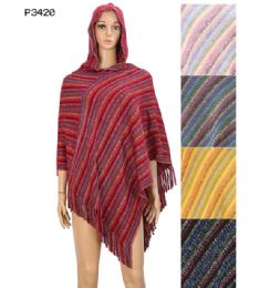 12 Bulk Women's Knitted Shawl Poncho With Fringed Capelet Striped Sweater Pullover Cape