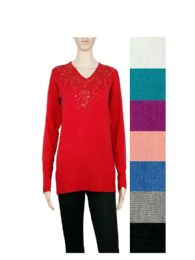 24 Bulk Womens Wool Blend Long Sleeve Lightweight V Neck Sweater