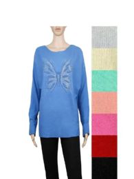 24 Bulk Womens Wool Blend Long Sleeve Lightweight Butterfly V Neck Sweater