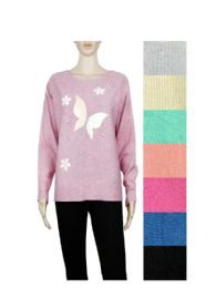 24 Bulk Womens Wool Blend Long Sleeve Lightweight Butterfly V Neck Sweater