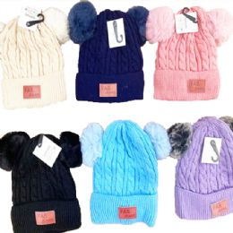 24 Bulk Winter Hat For Kids Toddler Children, Girls Beanie With Double Pom Pom