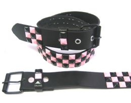 48 Bulk Pyramid Studded Pink And Black Belt