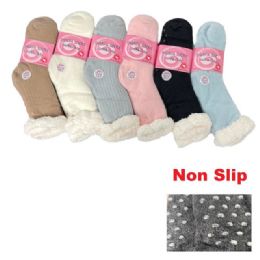 24 Bulk PlusH-Lined Non Slip Sherpa Socks Solid WooL-Like 9-11