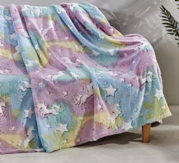 12 Bulk Glow In The Dark Super Fun And Cozy Microplush Blanket Unicorn