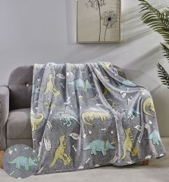 12 Bulk Glow In The Dark Super Fun And Cozy Microplush Blanket Grey Dino