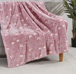 12 Bulk Glow In The Dark Super Fun And Cozy Microplush Blanket Pink Rainbow