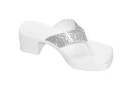 12 Bulk Women's Slip On Sandals Slide Glitter Bling Casual Sandal In White