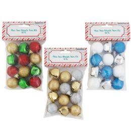 48 Bulk Mini Tree/wreath Trim Kit 12pc 8 Glitter 1in Ball/4 Bells 3ast Color Combos Xmas Pbh
