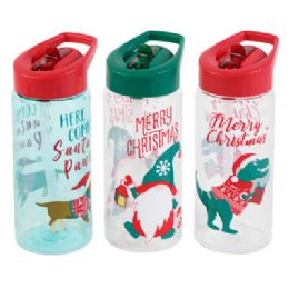 18 Bulk Sipper Bottle W/fliptop Straw 16oz 3ast Christmas Prints/upc Tray Display