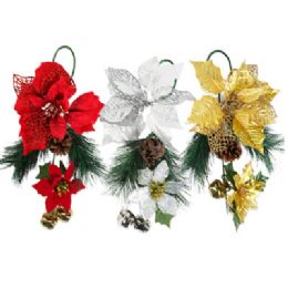 12 Bulk Poinsettia Hanging Decor 15in W/pine & Bells 3ast Colors ht