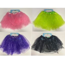24 Bulk Tutu 3-Layer Tulle W/sequins Stars 4ast Colors Kids Hdrcard Black/purple/pink/green