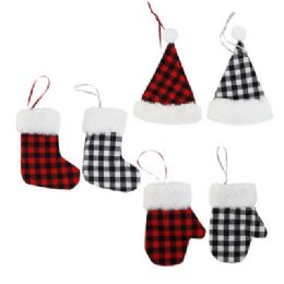 36 Bulk Ornament Buffalo Plaid W/fur Plush Trim Mini Stocking/hat/glove 6ast Xmas Header Card