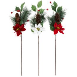 24 Bulk Christmas Pick 24in Poinsettia W/pine/cone/berries 3ast Xmas ht