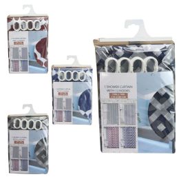 48 Bulk 70" X 72" Shower Curtain With 12 Plastic Hooks, 4 Assorted Prints C/p 48