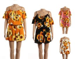 48 Bulk Womens Romper Sunflower Printed In Assorted Colors