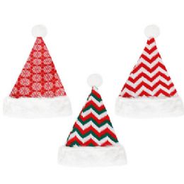 24 Bulk Santa Hat Knit 3ast Prints W/fur Cuff 12wx15.75h Jhook/ht