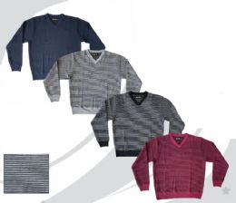 48 Bulk Men's Thin Horizontal Two Tone Striped V- Neck Sweaters Sizes M-2xl