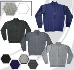 48 Bulk Men's Full Zip Long Sleeve Honey Comb Knit Textured Sweater Size M-2xl