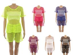 72 Bulk Fashion Mesh Shirt And Short Set In Assorted Solid Colors