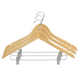 24 Bulk Home Basics Non - Slip Curved Ultra Smooth Wood Hanger With Metal Clips, (pack Of 3), Natural