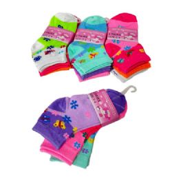 24 Bulk 3pr Girl's Printed Ankle Socks 2-4 [butterfly & Daisies]
