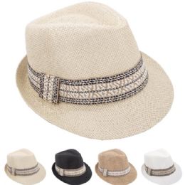 12 Bulk Trending Adult Casual Straw Trilby Fedora Hat Set - Plain Color