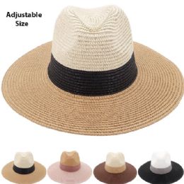 12 Bulk Unisex Dual Color Adjustable Wide Brim Straw Summer Hat