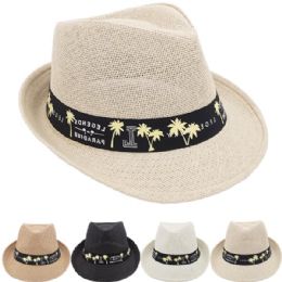 12 Bulk Breathable Straw Adult Trilby Fedora Hat Set with Palm Trees Print Band