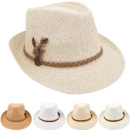 12 Bulk Breathable Braided Band With Feather Straw Adult Fedora Hat Set