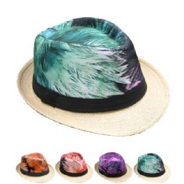 12 Bulk Hawaiian Style Trilby Fedora Hat Set - Multicolor