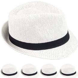 12 Bulk Elegant White Paper Straw Trilby Fedora Hat with Black Band