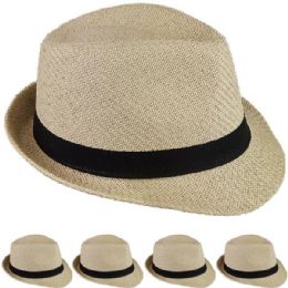 12 Bulk Classic Brown Toyo Straw Trilby Fedora Hats - 60 CM