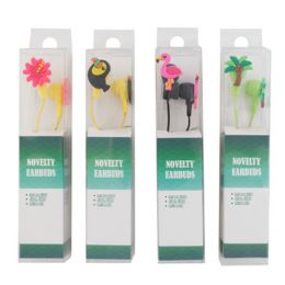 48 Bulk Earbuds Novelty Tropical 4ast 3.5mm Jack Pvc Box/insert Palm Tree/flamingo/toucan/flower
