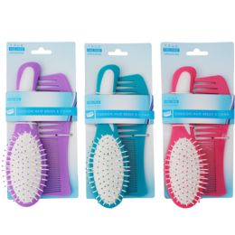 24 Bulk Hair Brush & Comb Set 3ast Colors 7.09in Comb/8.07in Brush Sleeve Tcd