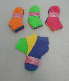 36 Bulk 3 Pair Girl's Ankle Socks 6-8 Neon Solid Color