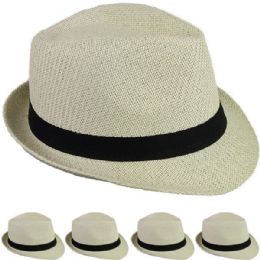 12 Bulk Classic Toyo Straw Adult Light Tan Trilby Fedora Hat with Black Band