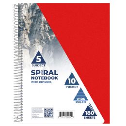 24 Bulk 5-Subject Spiral Notebook - 10 Pocket Dividers, 9 X 11 Inches, Durable Poly Cover, Assorted Colors, Wide-ruled, 180 Sheets